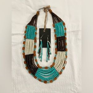Beaded necklace with matching earrings, Turquoise, brown and cream, NWT